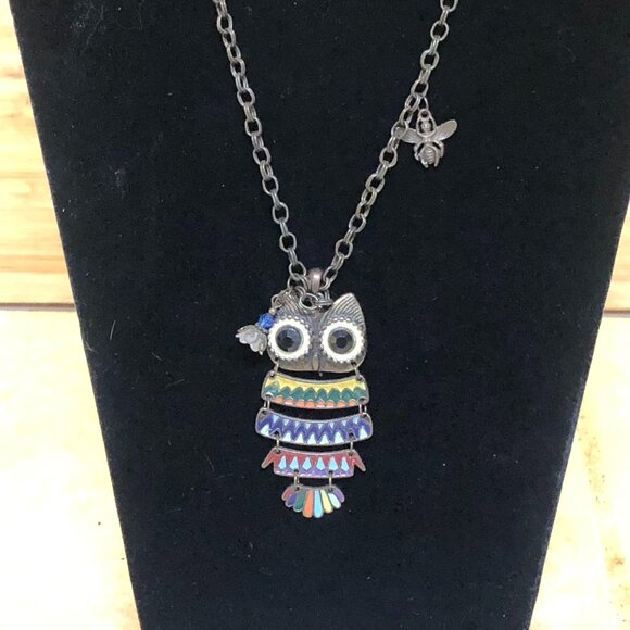 Jewelry - Whimsical Boho Owl Pendant Necklace Retro Enamel Charm on Long Chain 16"